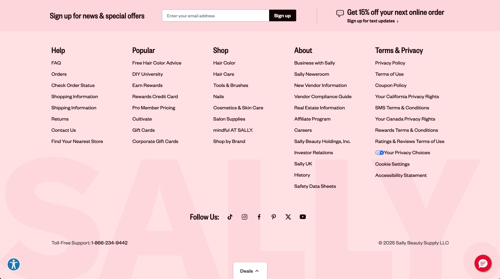 Desktop footer implementation based on design system specifications. Features email signup, text promotion, site navigation list items with headings, social links, support info, and copyright footer.