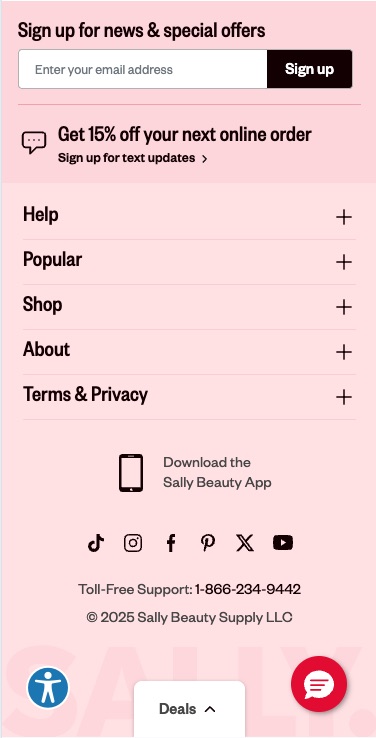 Mobile footer implementation based on design system specifications. Features email signup, text promotion, site navigation accordion list items with headings that are collapsable, social links, support info, and copyright footer.