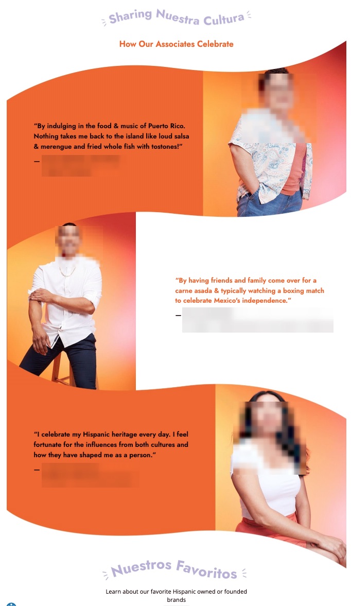 Hispanic Heritage landing page on desktop. Includes imagery, quotes from associates, and a highly responsive stylized layout.