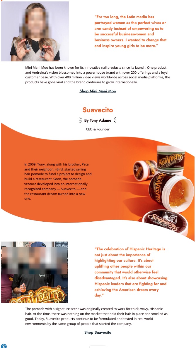 Hispanic Heritage landing page on desktop. Includes information about hispanic founded brands. Include photos of founders, quotes, brand CTAs, and product information: all in a highly stylized responsive layout.