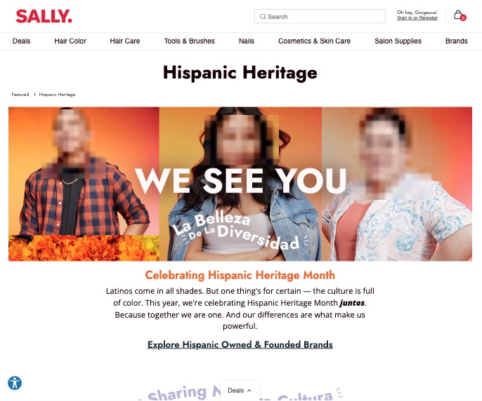 Hispanic Heritage landing page on desktop. Includes page title, hero banner, stylized description, and brand exploration CTA.