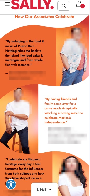 Screenshot of Hispanic Heritage Month landing page featuring assoicates with quotes about their heritage in a highly stylized responsive layout