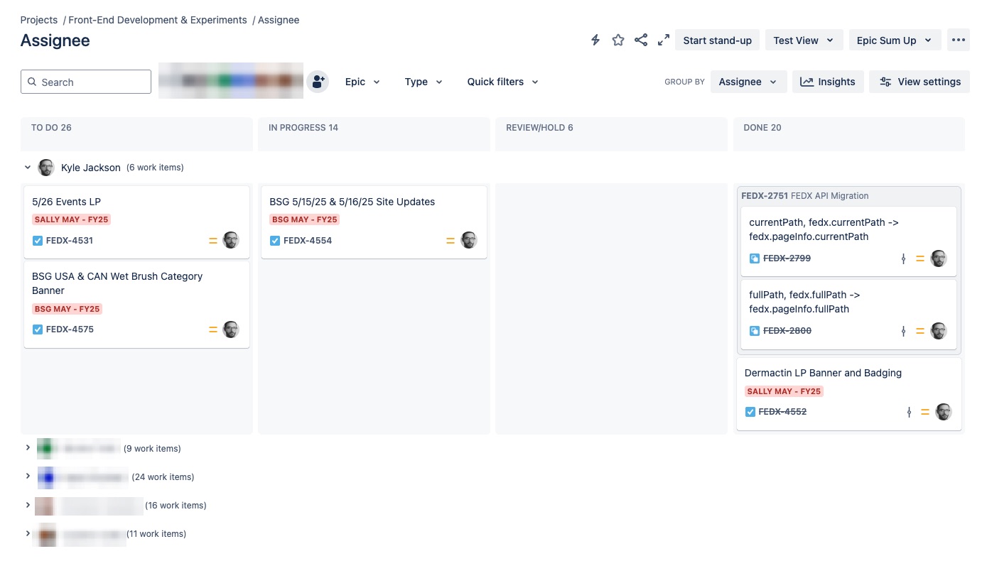 Jira kanban board for front end development tasks by assignee. Divided into swimlines for each team member. To-Do, In Progress, In Review, and On Hold columns track workflow.