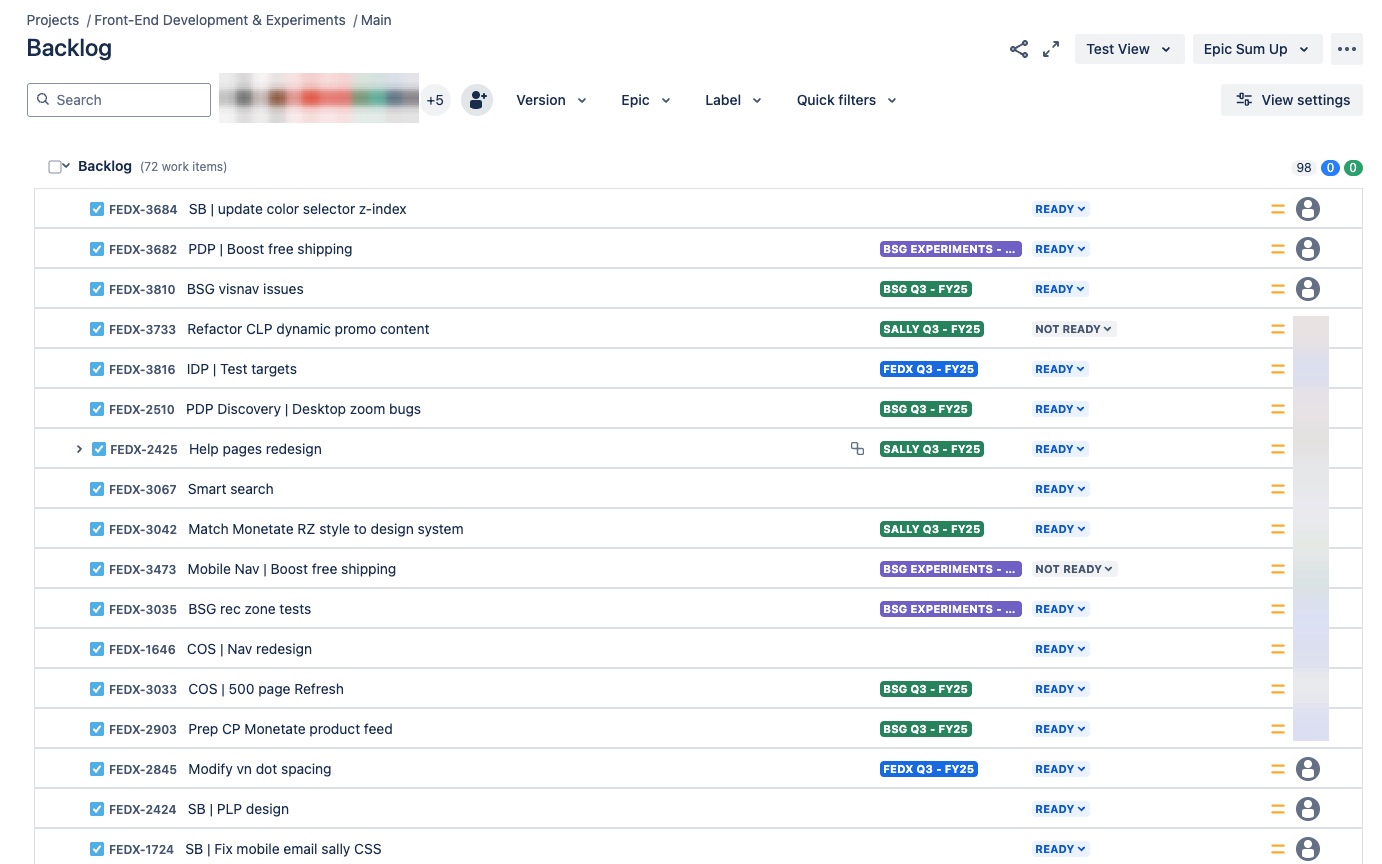 Jira backlog for priortizing upcoming work. Tasks are in Ready or Not Ready states, and assigned to quarterly Epics to determine prioritization, in addition to ranked listing.