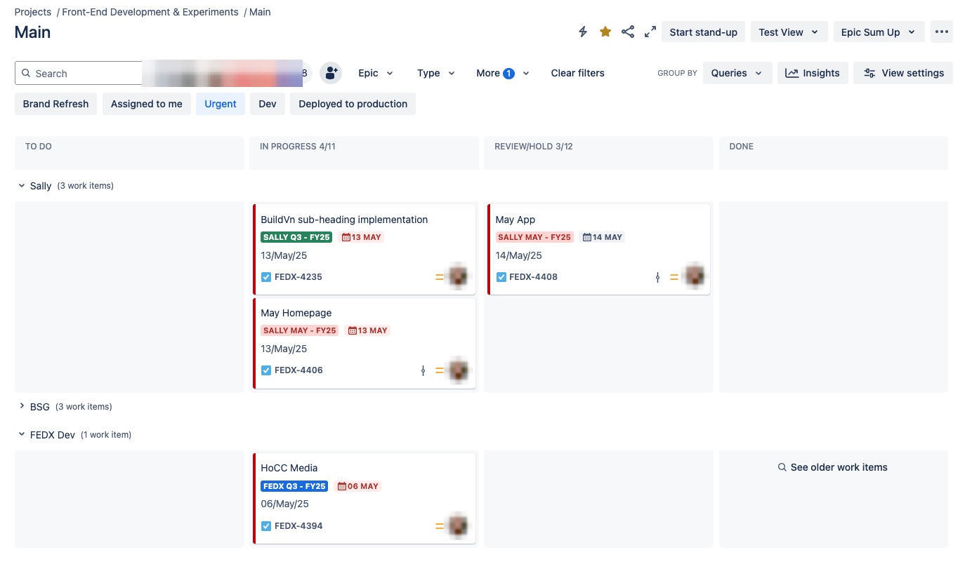 Jira kanban board for main front end development tasks. Divided into swimlines for each business, with quick filters for urgent tasks and tasks related to specific projects. To-Do, In Progress, In Review, and On Hold columns track workflow.