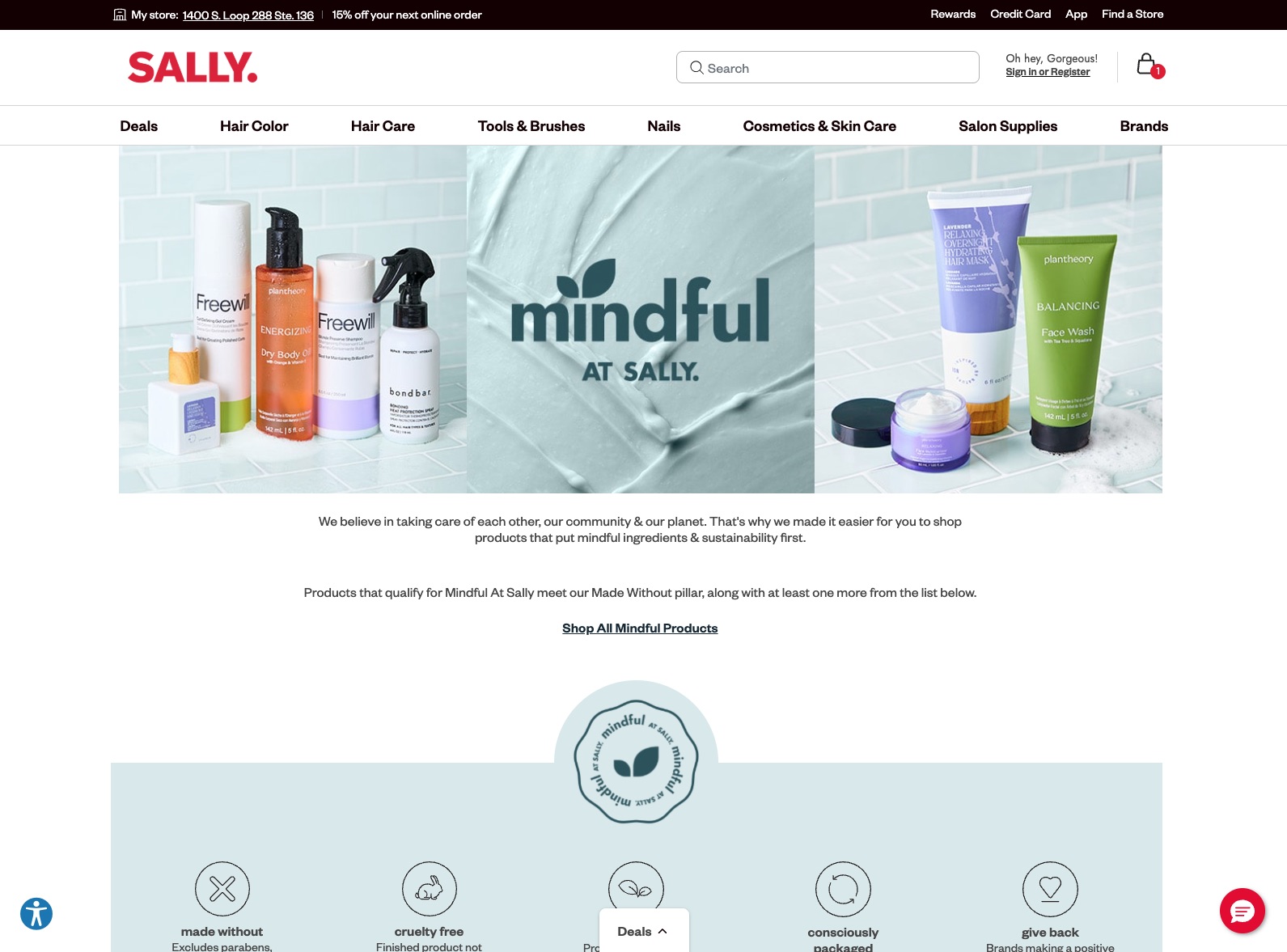 Screenshot of mindful hero on desktop, featuring hero image, description, shop all CTA, and benefits section with informational icons