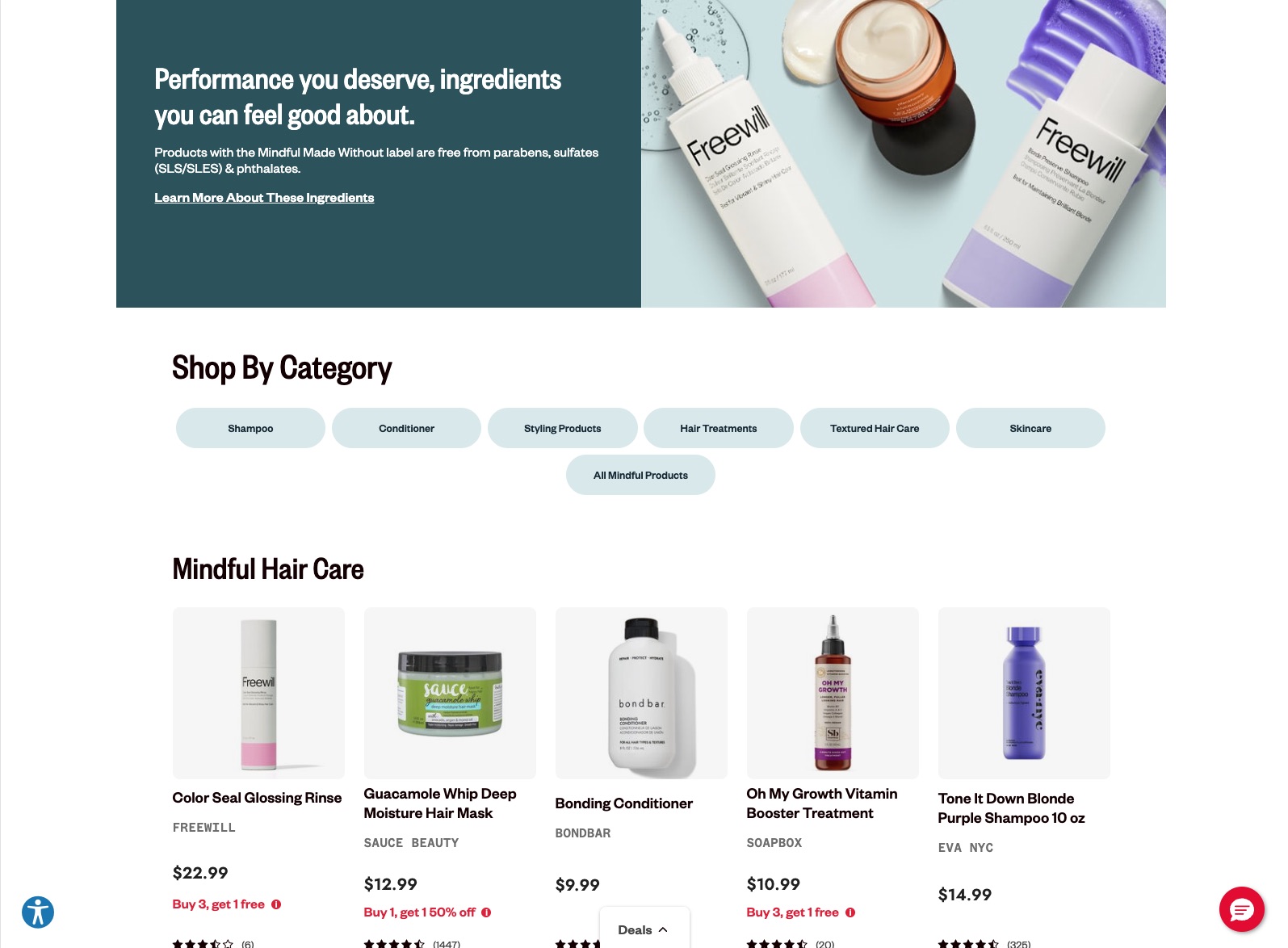 Mindful desktop screenshot featuring learn more block with CTA, shop by category pill nav, and mindful hair care product carousel