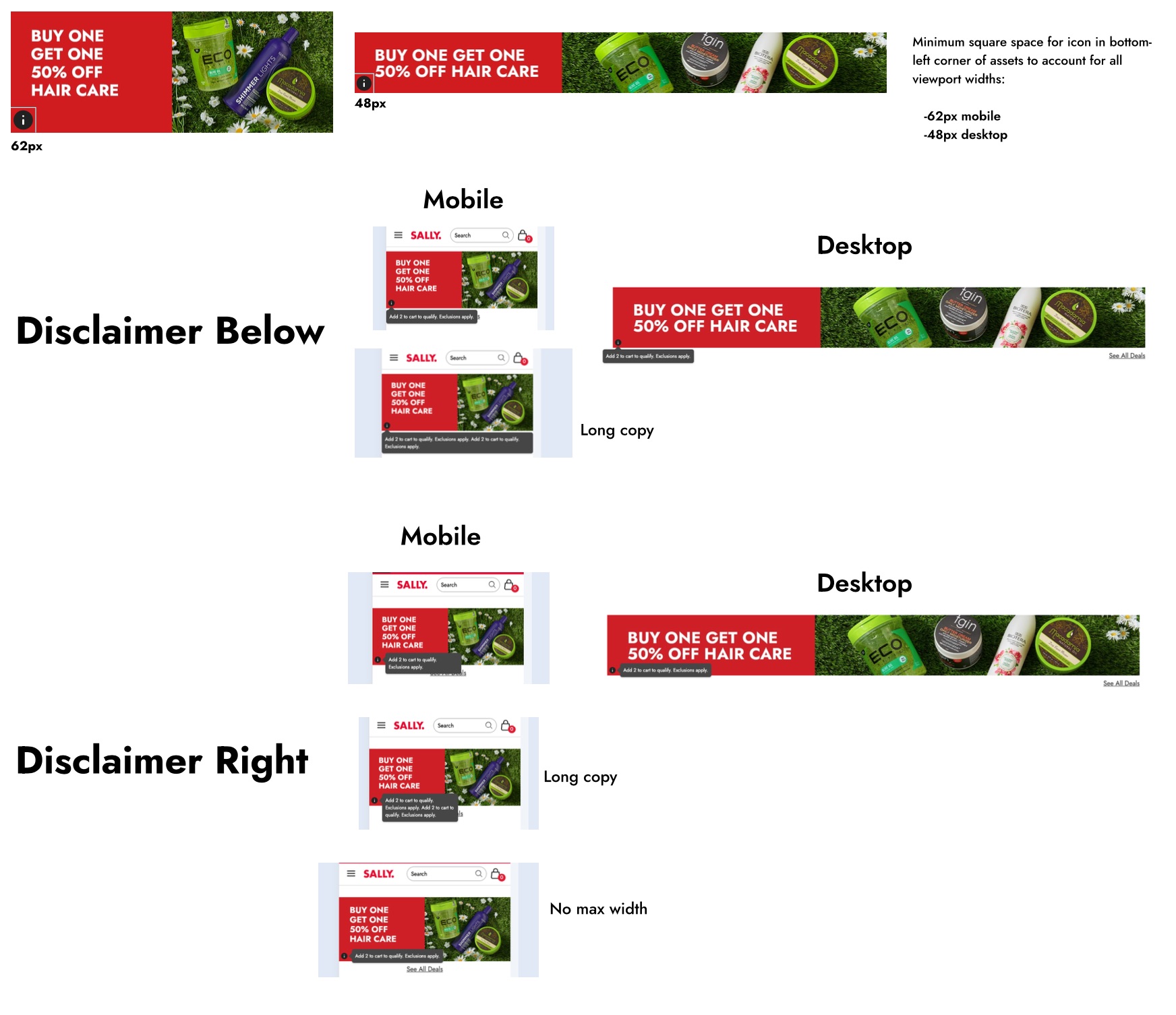 Mockup of promo disclaimer for desktop and mobile, with design specifications and variant for disclaimer position relative to banner