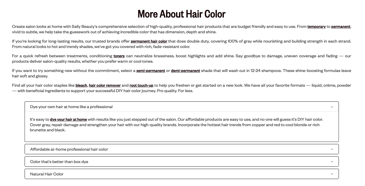Hair Color Glossary SEO section featuring Strategic Keyword Placement, Contextual Anchor Links, Paragraphs designed for Featured Snippets, and an accordion FAQ section with JSON-LD Schema Support, Expandable Content, and accessible interactivity.