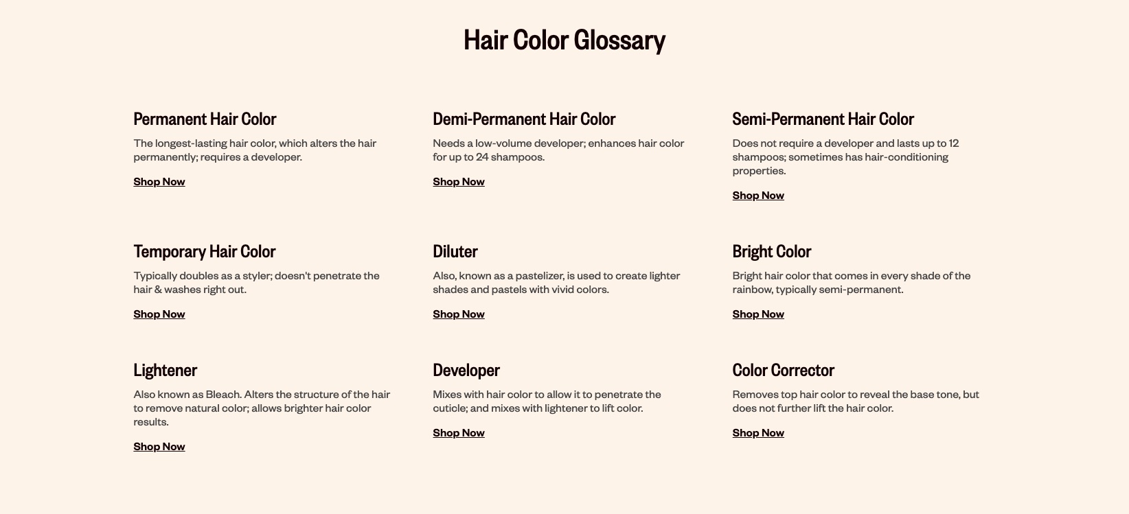 Hair Color Glossary SEO section featuring semantic HTML, internal linking strategy, and accessibility enhancements.