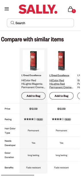 Mobile design for similar items comparison chart featuring product image, brand, product name, add to bag button, price, rating, and other category-specific attributes like hair color type, duration, need for developer, and other benefits