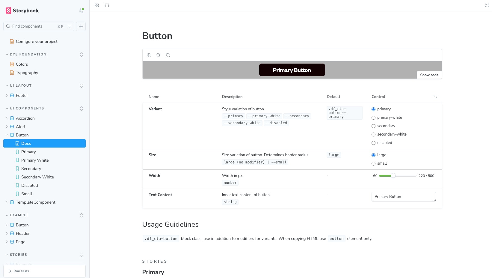 Storybook UI Button overview in Autodocs. Shows sidebar with story implmentations and documentation. Butto story docs show a preview of a CTA button, information and controls for variant, size, width, and text content, as well as usage guidelines.