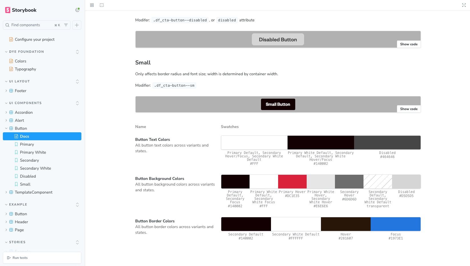 Storybook documentation for Button component. Features live variant displays and info, as well as colors and context from design system for HEX code reference.