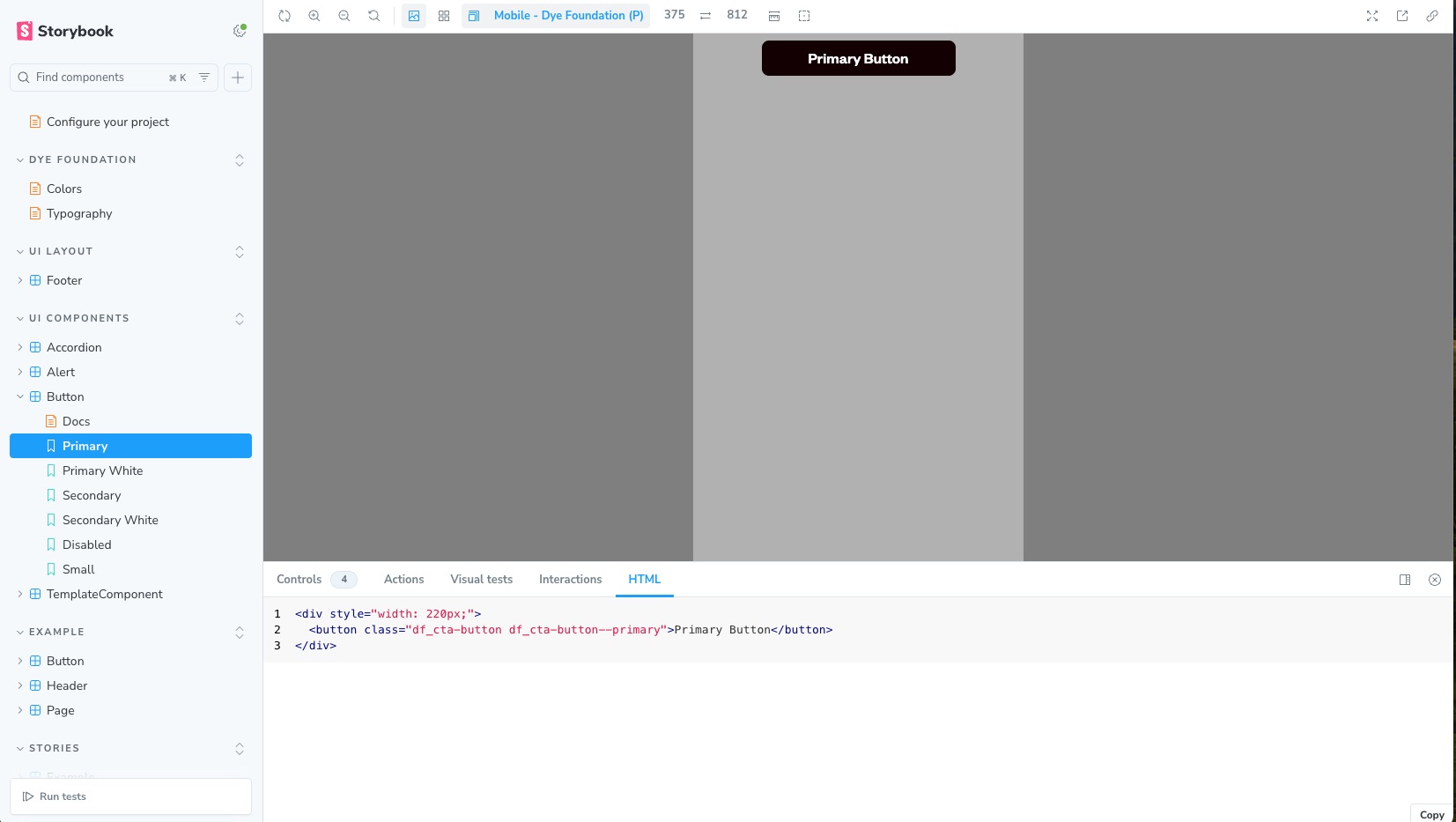 Storybook UI for Button Primary Story. Features viewport breakpoint, interactive controls, and HTML output.